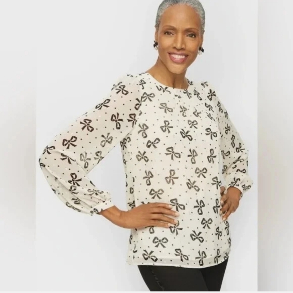 Talbots Black Bow Print Blouse Size Small
